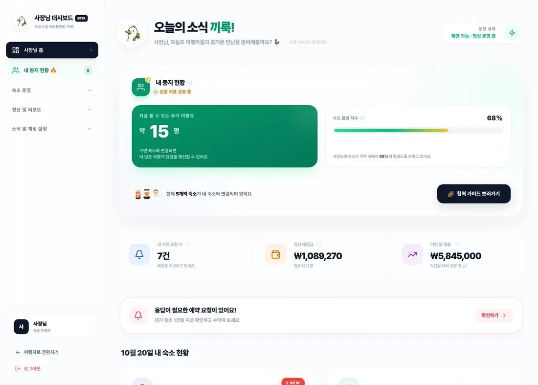 사장님 관리 화면: 오늘의 운영